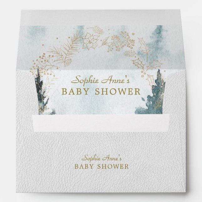 Watercolour Winter Scenery Gold Wreath Baby Shower Envelope (Back (Bottom))