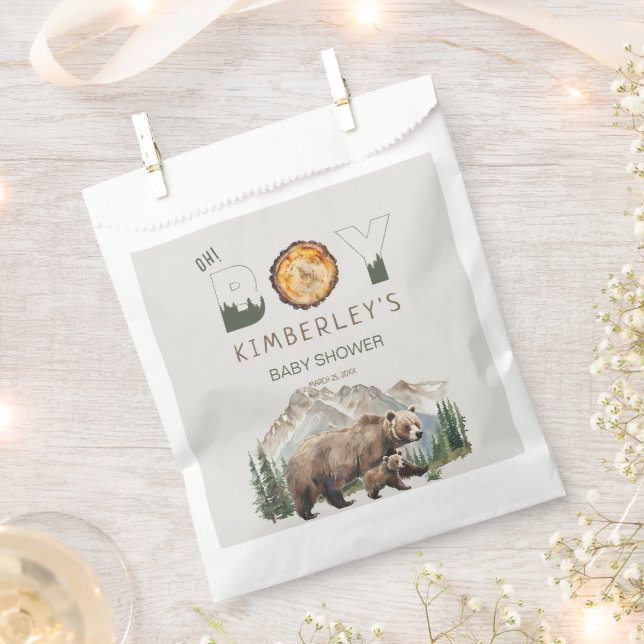 Watercolour Woodland  Oh Boy Bear Baby Shower Favour Bags (Clipped)