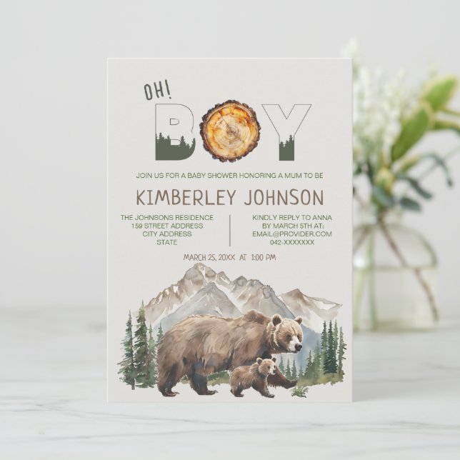 Watercolour Woodland  Oh Boy Bear Baby Shower Invitation (Standing Front)