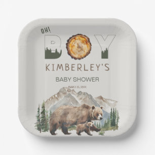 Watercolour Woodland Oh Boy Bear Baby Shower Paper Plate