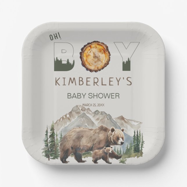 Watercolour Woodland  Oh Boy Bear Baby Shower Paper Plate (Front)