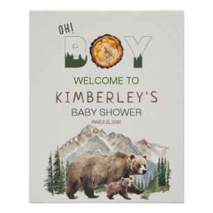 Watercolour Woodland  Oh Boy Bear Baby Shower Poster