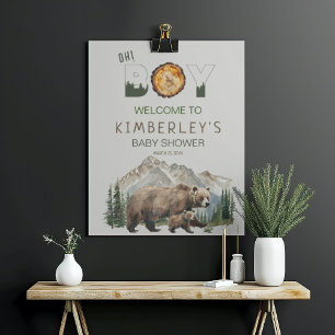 Watercolour Woodland Oh Boy Bear Baby Shower Poster