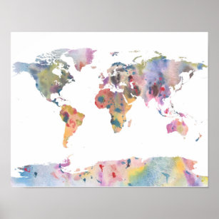 Watercolour world map abstract art poster