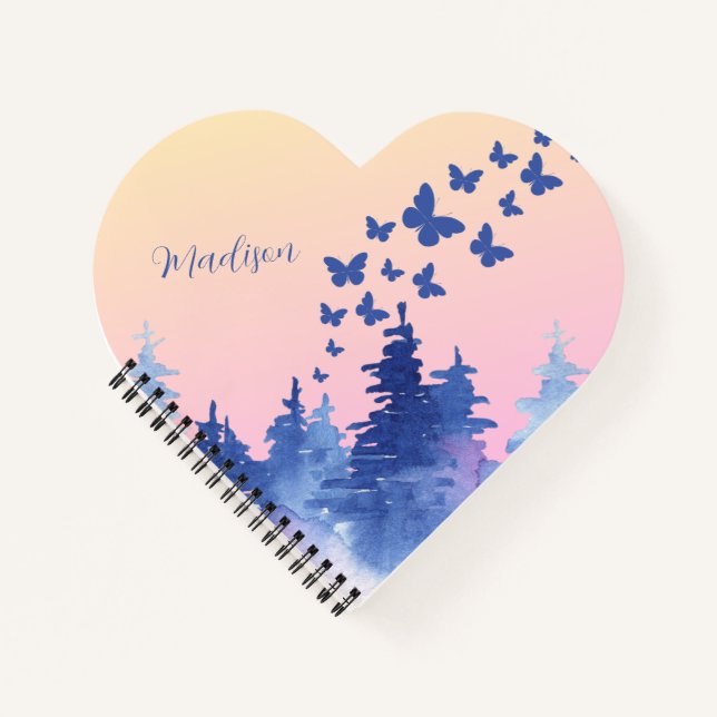 Watercolour Yellow Blue Ombre Butterflies Forest C Notebook (Front)