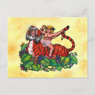 Watercolour Young Bacchus smiling riding a Tiger Postcard