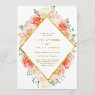 Watercolours Coral, Peach and Pink Roses on Gold Invitation