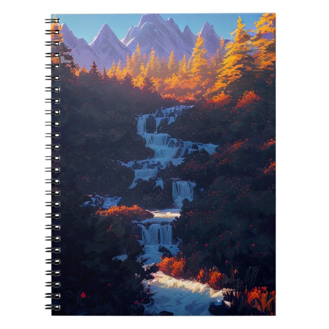 Waterfall Amidst Enchanting Pine Forest Notebook (Front)