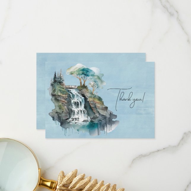 Waterfall and Bridge Watercolor Painting Thank You Card (Front/Back In Situ)