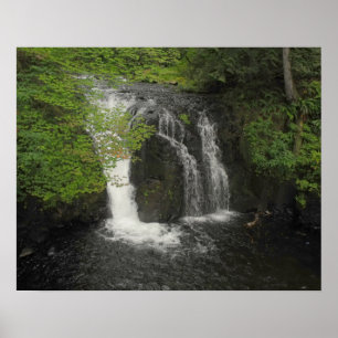 Waterfall and Green Leaves Nature Photo            Poster