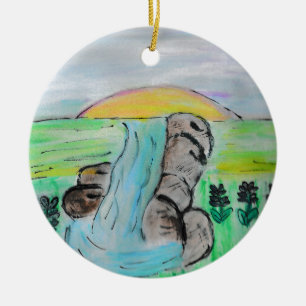 Waterfall and Lavender Flowers  Ceramic Tree Decoration