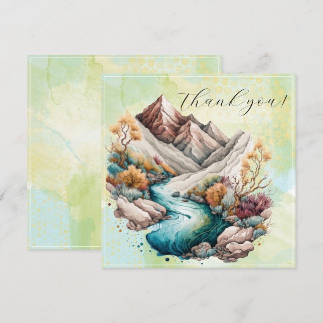 Waterfall and Mountains Watercolor Painting Thank You Card (Front/Back)