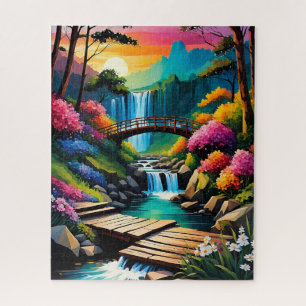 Waterfall and River Stream in Colourful Alcohol In Jigsaw Puzzle