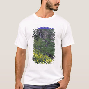 Waterfall and wildflowers in alpine meadow, T-Shirt