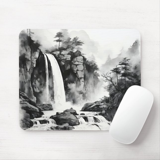 Waterfall Asian Ink Painting Mouse Mat (With Mouse)