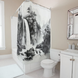 Waterfall Asian Ink Painting Shower Curtain