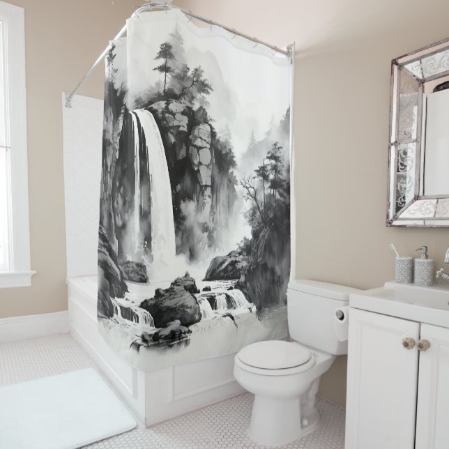 Waterfall Asian Ink Painting Shower Curtain (In Situ)