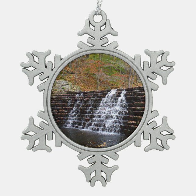 Waterfall at Laurel Hill State Park I Snowflake Pewter Christmas Ornament (Front)