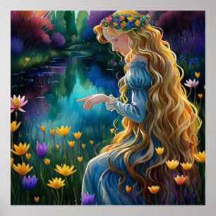 *~  Waterfall Beautifu AP56 Woman Pond Flowers  Poster
