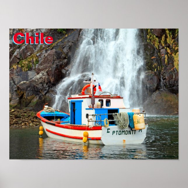 Waterfall & Boat, Chile Poster (Front)