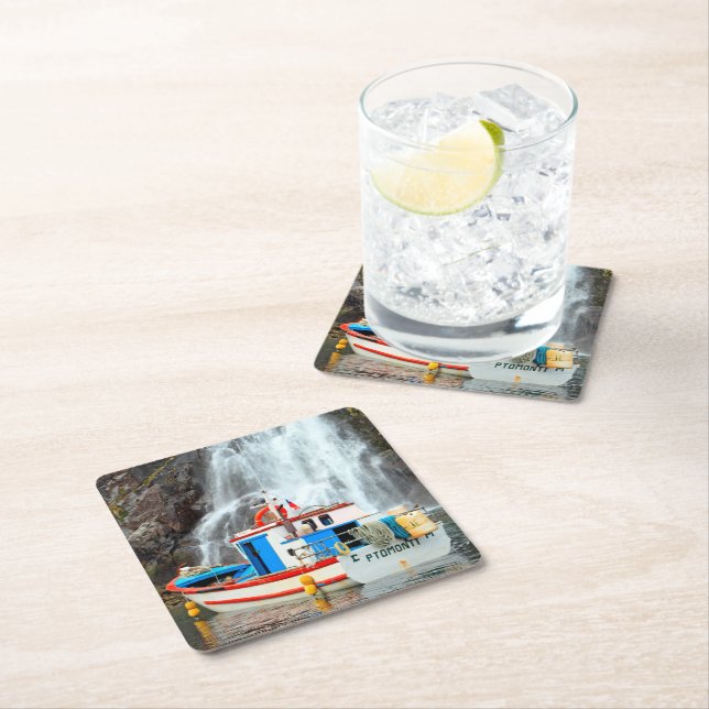 Waterfall & boat square paper coaster (Insitu)