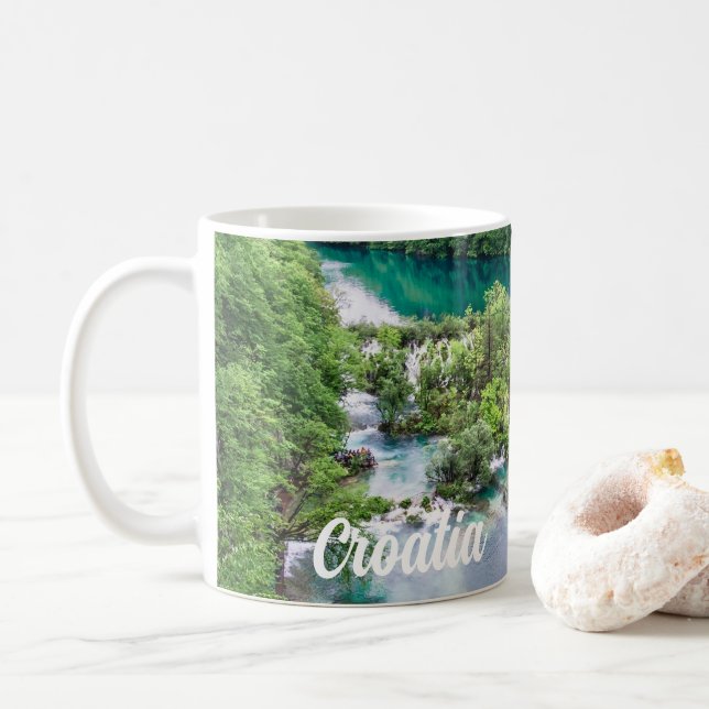 Waterfall cascade in Plitvice Lakes Park, Croatia Coffee Mug (With Donut)
