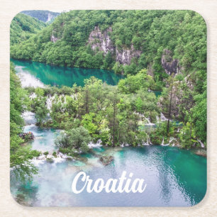 Waterfall cascade in Plitvice Lakes Park, Croatia Square Paper Coaster