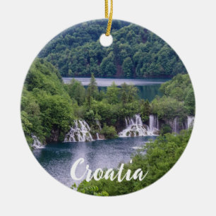 Waterfall cascade with green forest in Croatia Ceramic Tree Decoration