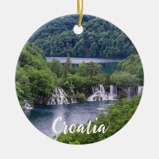 Waterfall cascade with green forest in Croatia Ceramic Tree Decoration (Front)