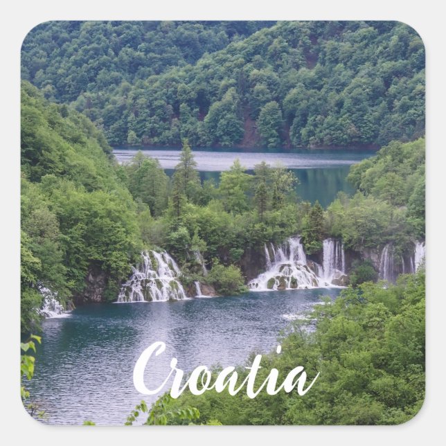 Waterfall cascade with green forest in Croatia Square Sticker (Front)