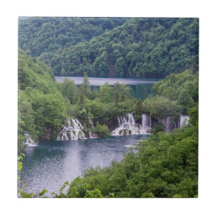 Waterfall cascade with green forest in Croatia Tile
