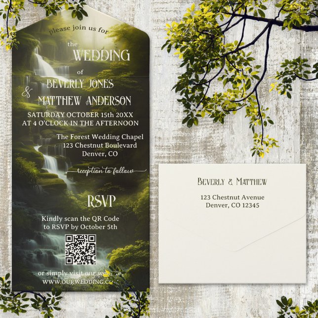 Waterfall Forest Greenery QR Code Wedding All In One Invitation (All in one wedding invitation featuring a magical forest design with waterfalls and QR code template)