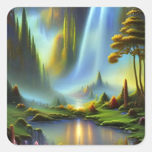 Waterfall Glade Nature Fantasy Square Sticker