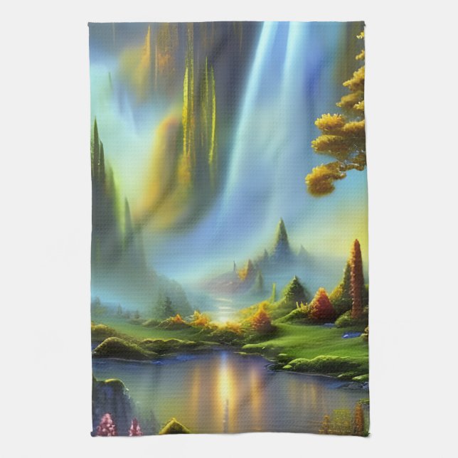 Waterfall Glade Nature Fantasy Tea Towel (Vertical)
