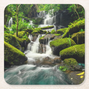 Waterfall in Jungle   Phu Tub Berk Mountain Square Paper Coaster
