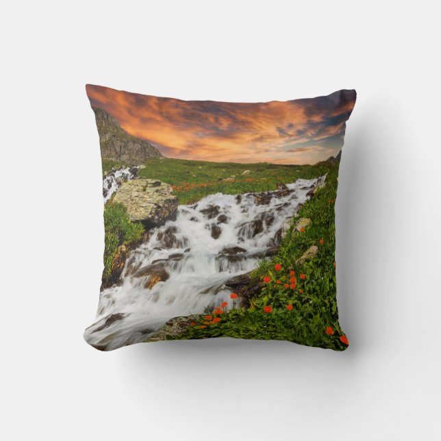 Waterfall in the Mountains with Flowers Cushion (Front)
