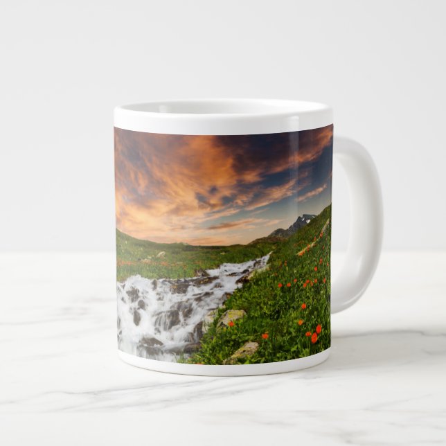 Waterfall in the Mountains with Flowers Large Coffee Mug (Front Right)