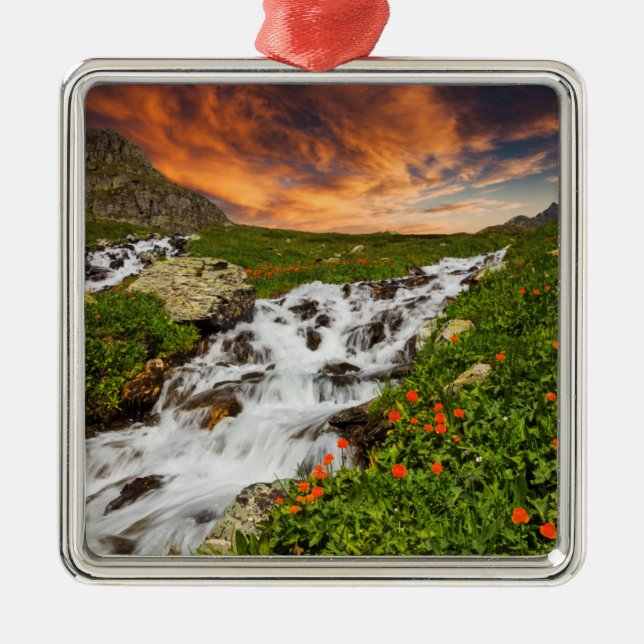 Waterfall in the Mountains with Flowers Metal Tree Decoration (Front)