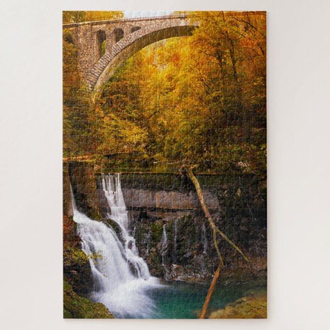 Waterfall in Vintgar Gorge canyon in autumn Jigsaw Puzzle (Vertical)