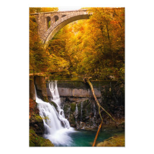 Waterfall in Vintgar Gorge canyon in autumn Photo Print