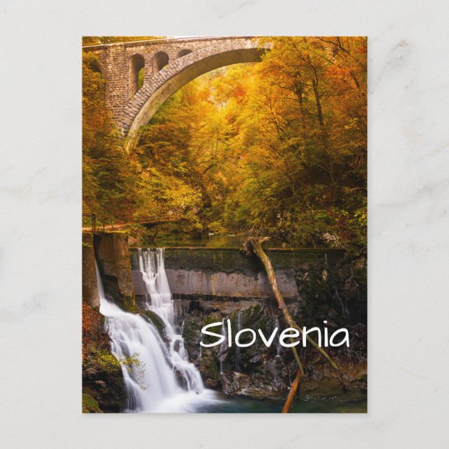 Waterfall in Vintgar Gorge canyon in autumn Postcard (Front)