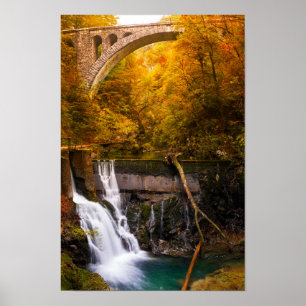 Waterfall in Vintgar Gorge canyon in autumn Poster