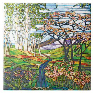 Waterfall Iris Birch Tiffany Stained Glass Vintage Tile