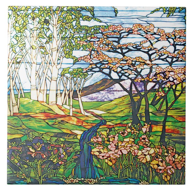 Waterfall Iris Birch Tiffany Stained Glass Vintage Tile (Front)
