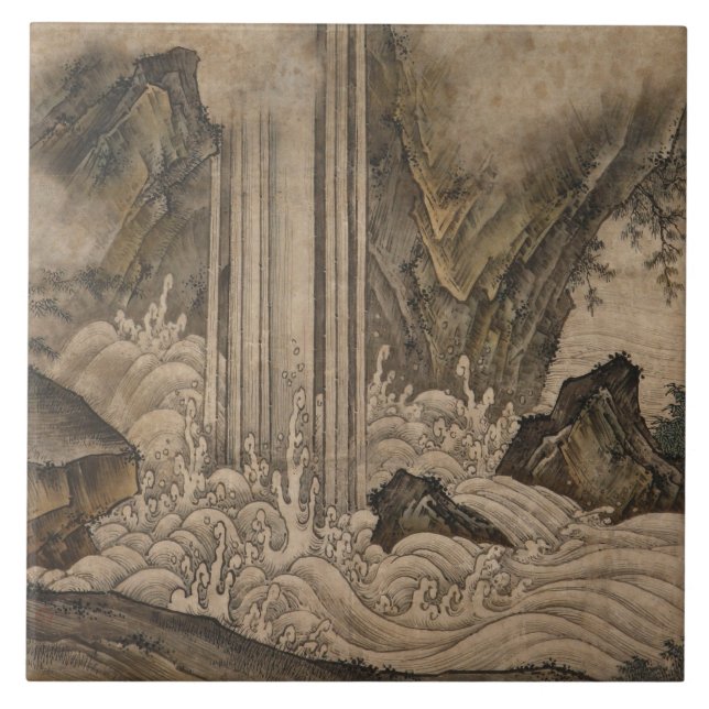 Waterfall (Japanese Landscape Art) (Kano Motonobu) Tile (Front)