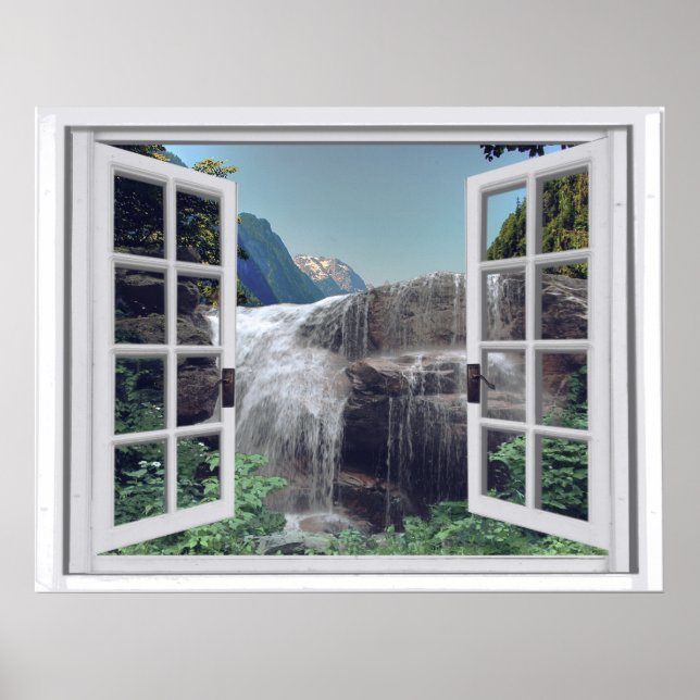 Waterfall Mountain Faux Window View Poster (Front)