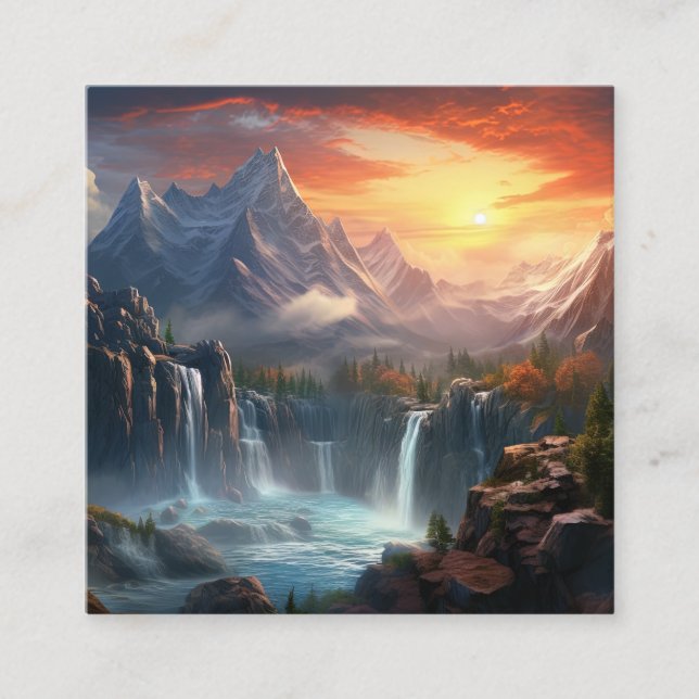 Waterfall Mountain Landscape Background Square Business Card (Front)