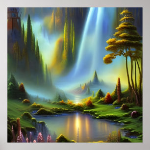 Waterfall Mountain Valley Poster