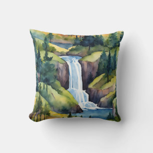 Waterfall Mountains Trees Nature Country Art Cushion