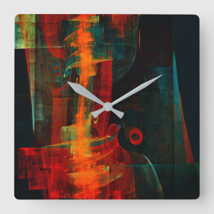 Waterfall Orange Red Blue Abstract Art Square Wall Clock